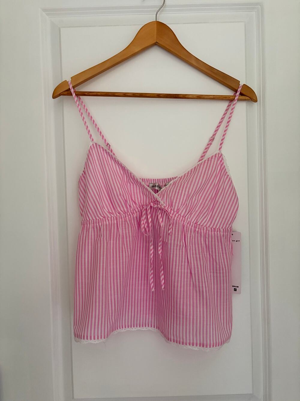 Madden Girl Pink White Striped Babydoll Tank Top Cami Lace Trim Size Medium